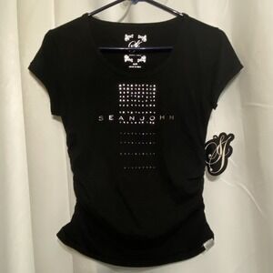 SEAN JOHN Black Top Logo w/Rhinestone Details Cap Sleeves Size Medium Blouse NWT